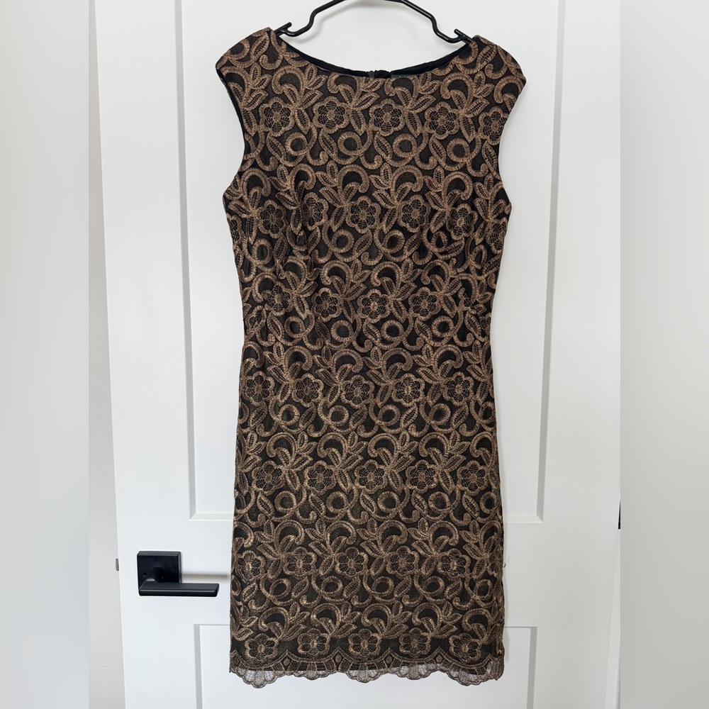 Ralph Lauren Black & Gold Floral Metallic Mini Dress Size US 10